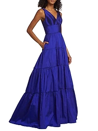 Taffeta V-Neck Tiered Gown