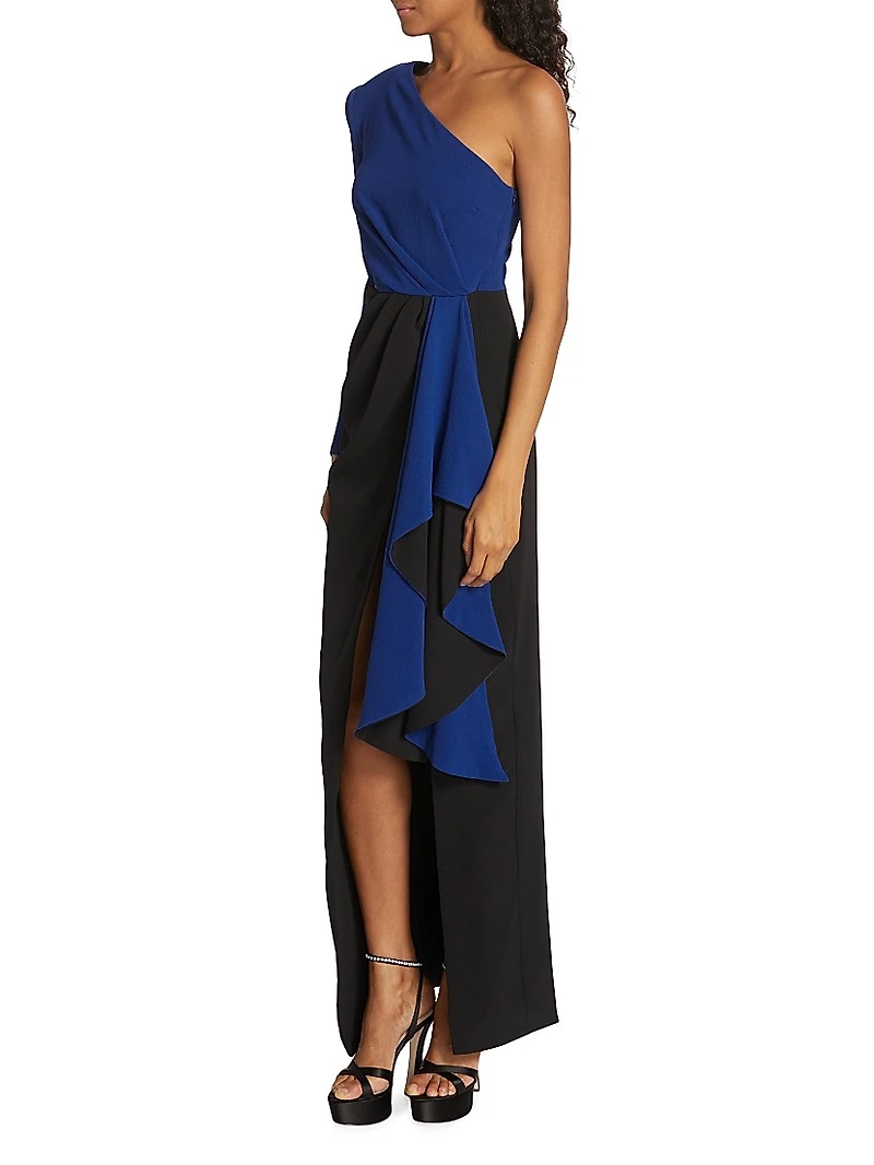 Evelyn One-Shoulder Colorblocked Draped Gown