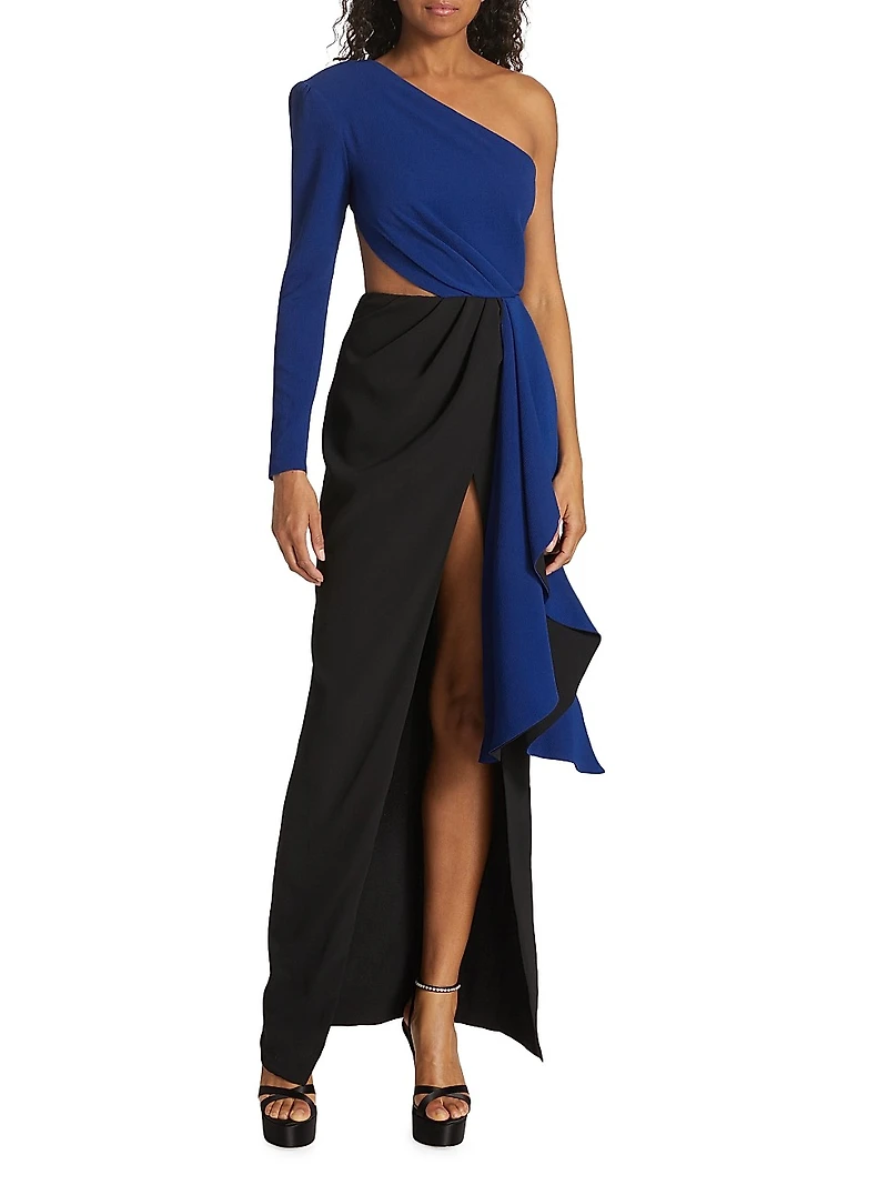 Evelyn One-Shoulder Colorblocked Draped Gown