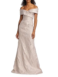 Metallic Jacquard Off-The-Shoulder Gown