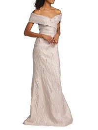 Metallic Jacquard Off-The-Shoulder Gown