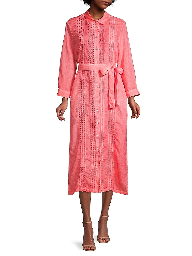 Scallop-Trimmed Linen Midi-Shirtdress