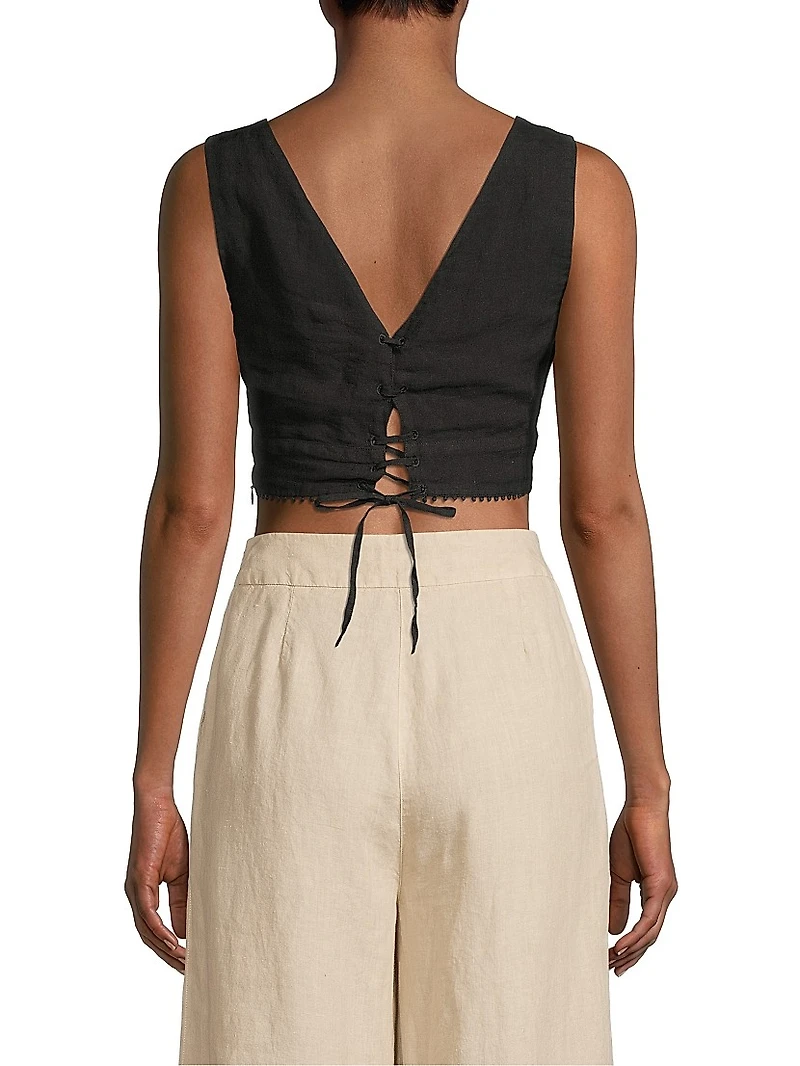 Lace-Up Linen Crop Top