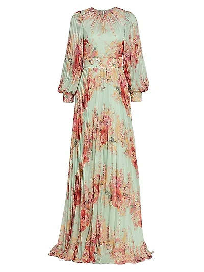 Floral-Printed Pleated Gown