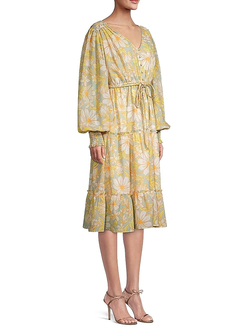 Daisy Floral Chiffon Drawstring Midi-Dress