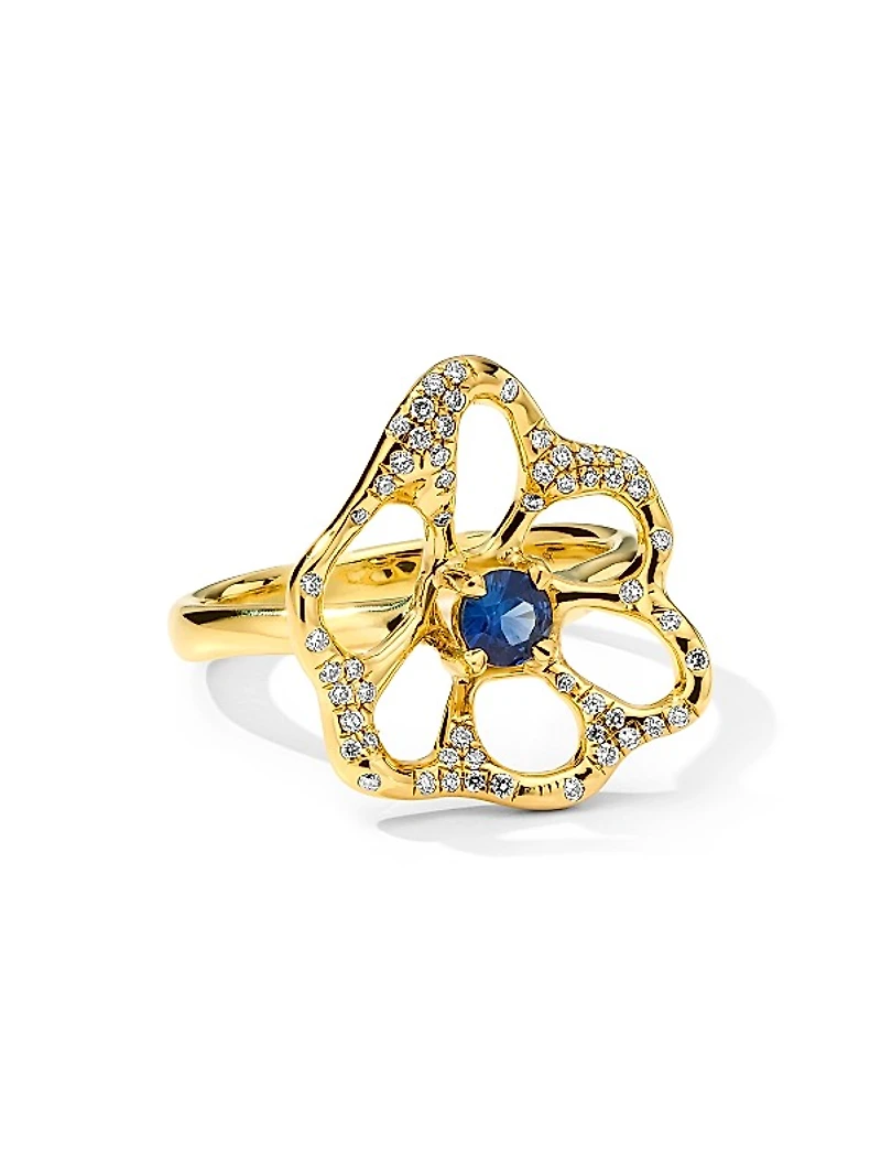 Stardust 18K Yellow Gold, Blue Sapphire & 0.21 TCW Diamond Medium Flower Ring