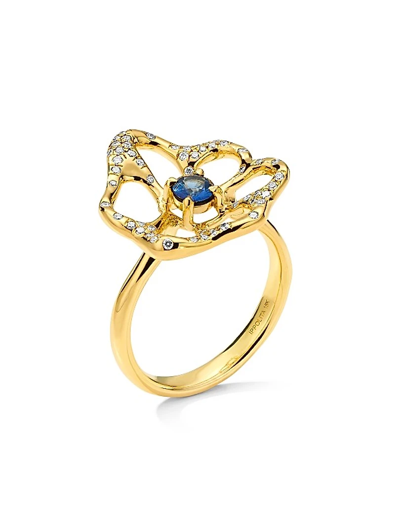 Stardust 18K Yellow Gold, Blue Sapphire & 0.21 TCW Diamond Medium Flower Ring