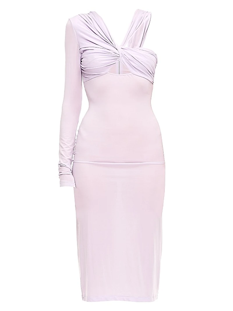 One-Sleeve Twist-Front Midi-Dress