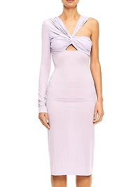 One-Sleeve Twist-Front Midi-Dress