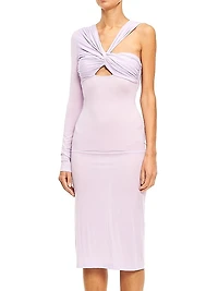 One-Sleeve Twist-Front Midi-Dress