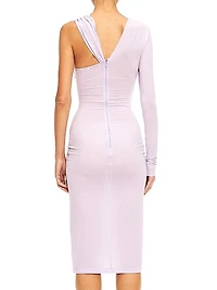 One-Sleeve Twist-Front Midi-Dress