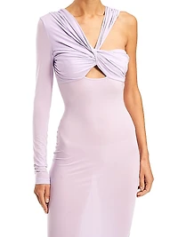 One-Sleeve Twist-Front Midi-Dress