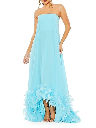 Feathered Chiffon Strapless Gown