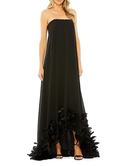 Feathered Chiffon Strapless Gown