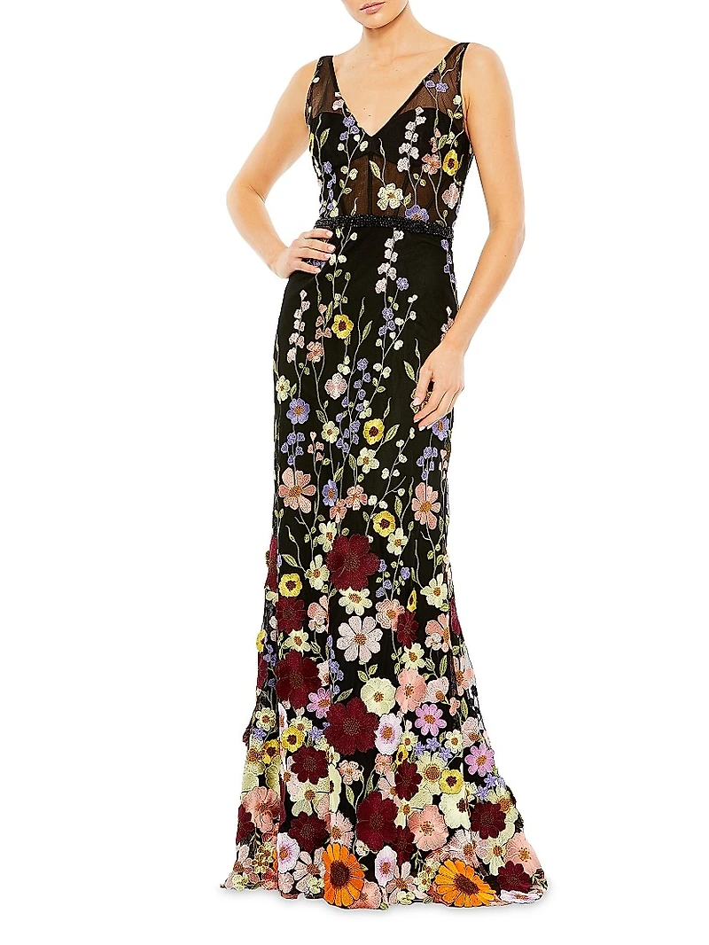 Mac Floral-Embroidered Tulle Gown