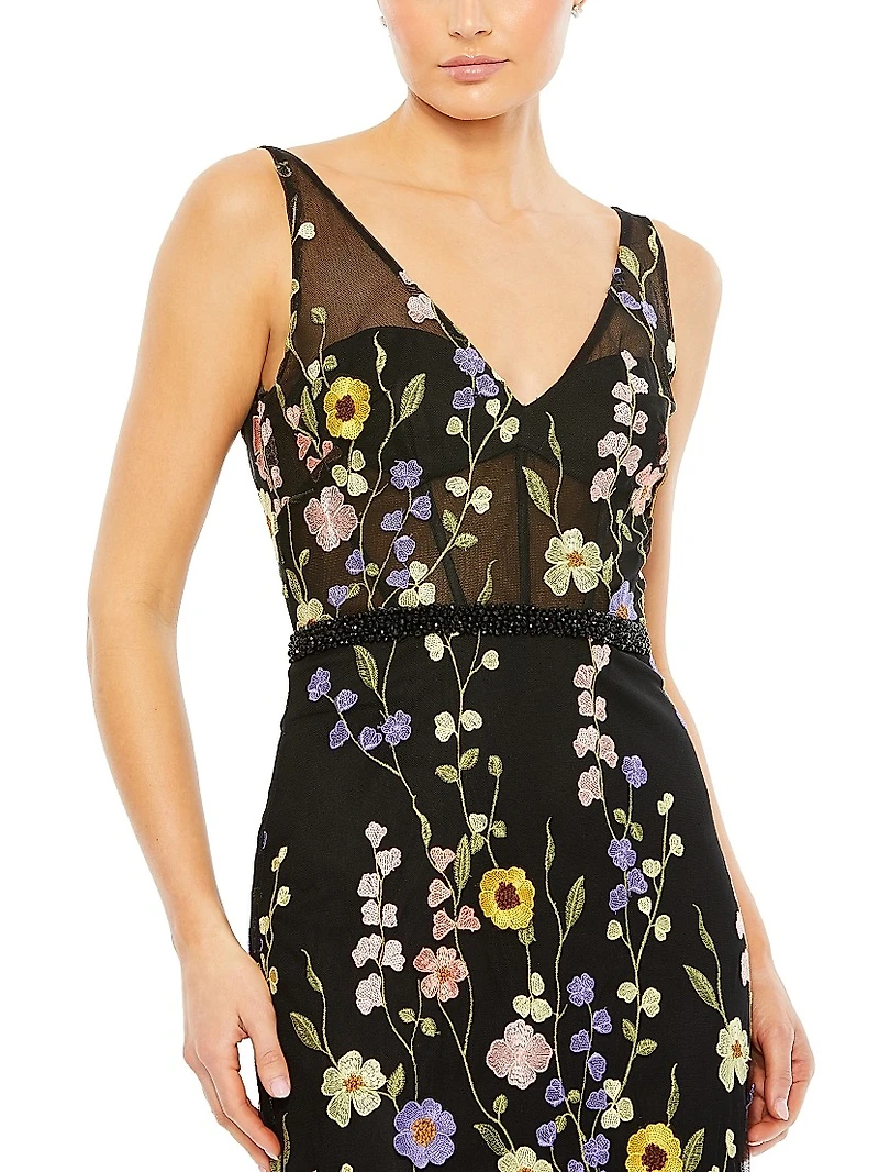 Mac Floral-Embroidered Tulle Gown