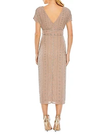 Beaded Mesh Column Midi-Dress