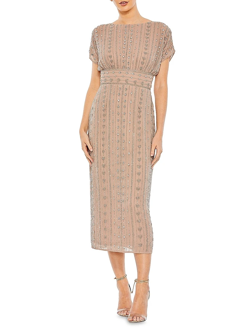Beaded Mesh Column Midi-Dress