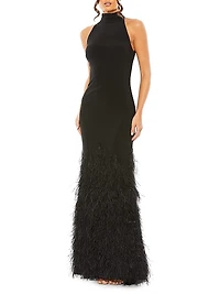 Feathered Jersey Halter Gown