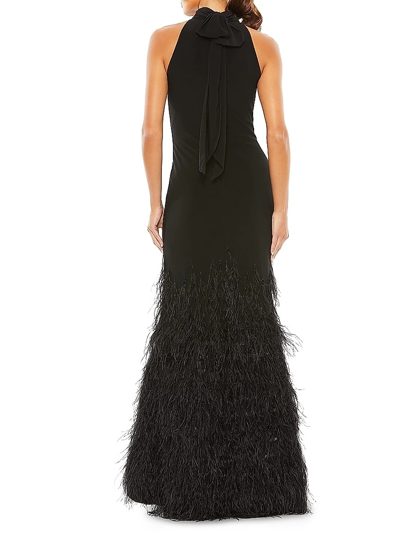 Feathered Jersey Halter Gown
