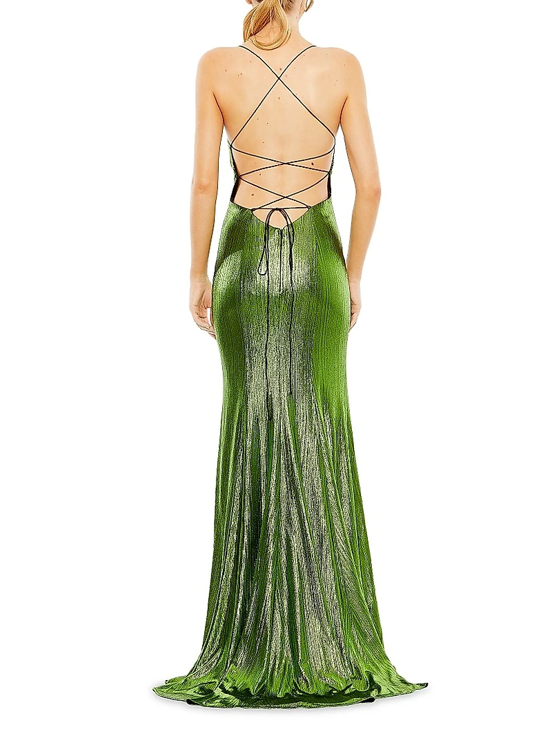 Ieena Foiled Jersey Lace-Up Column Gown
