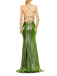 Ieena Foiled Jersey Lace-Up Column Gown