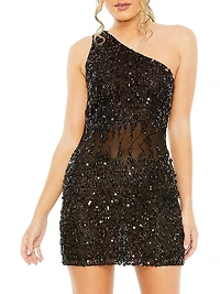 Asymmetric Sequined Mesh Minidress