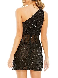 Asymmetric Sequined Mesh Minidress