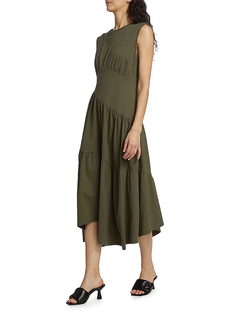 Cotton Asymmetric Tiered Midi-Dress