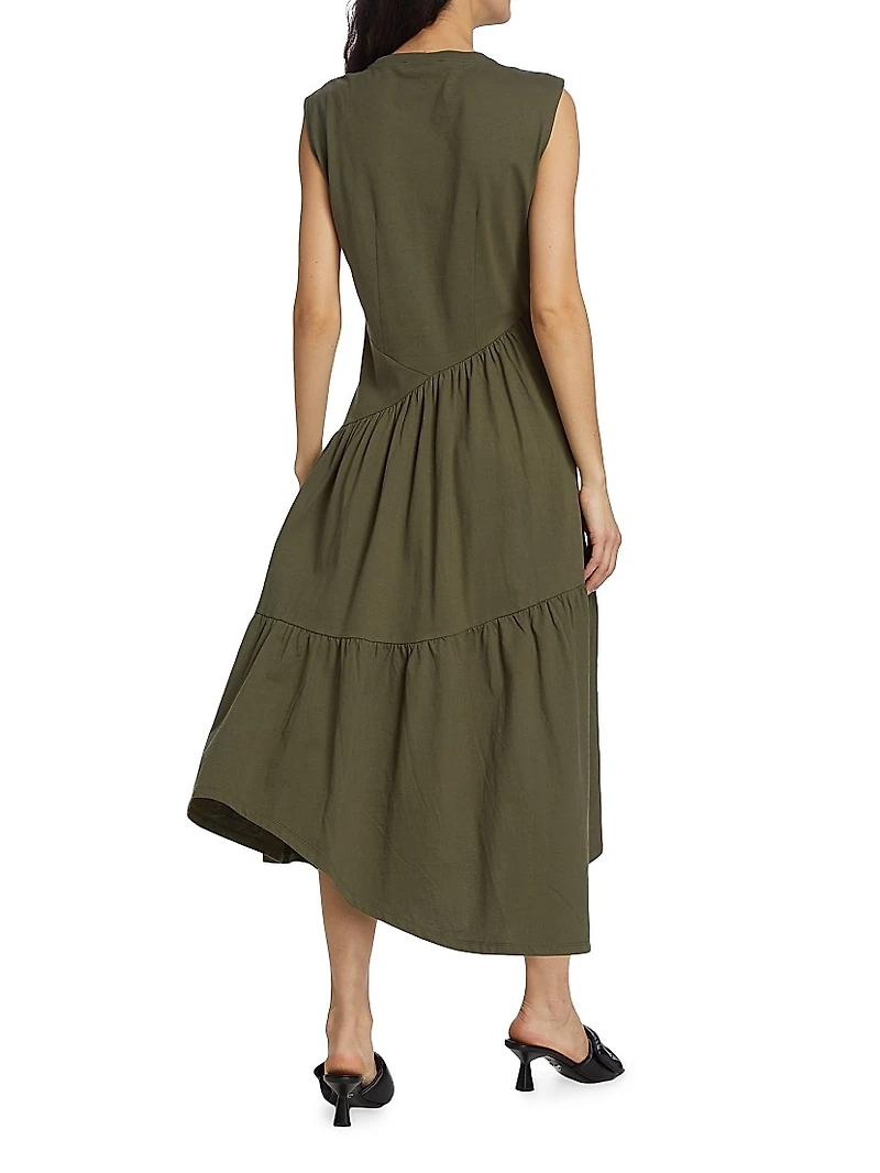 Cotton Asymmetric Tiered Midi-Dress