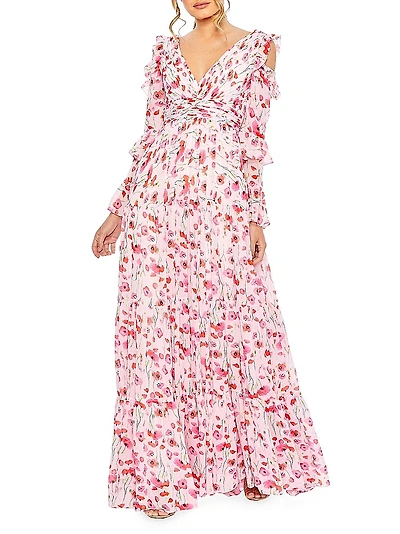 Floral Ruffle-Sleeve Gown