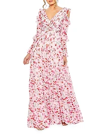 Floral Ruffle-Sleeve Gown