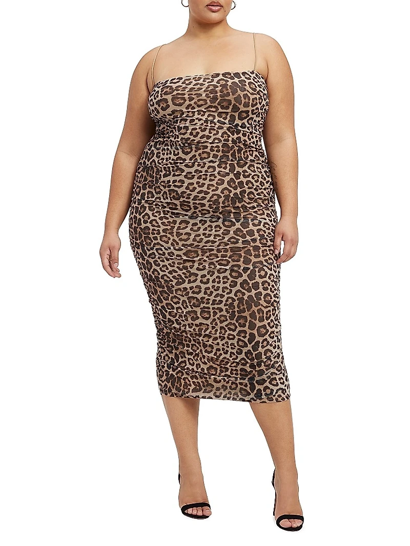 Ruched Mesh Midi-Dress