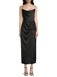 Lilliana Ruched Satin Cowlneck Slipdress