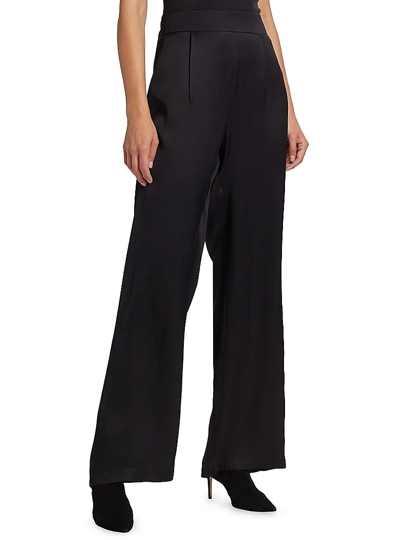 Pleated Satin Wide-Leg Pants