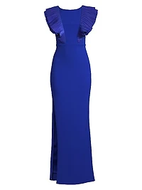 Ruffled Flutter-Sleeve Gown