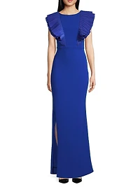 Ruffled Flutter-Sleeve Gown