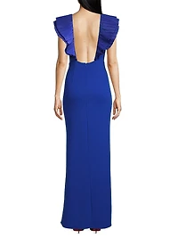 Ruffled Flutter-Sleeve Gown