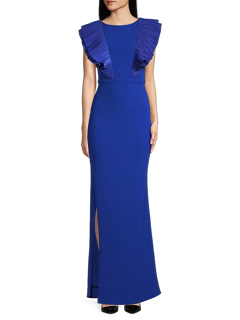 Ruffled Flutter-Sleeve Gown