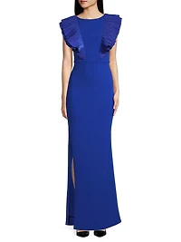 Ruffled Flutter-Sleeve Gown