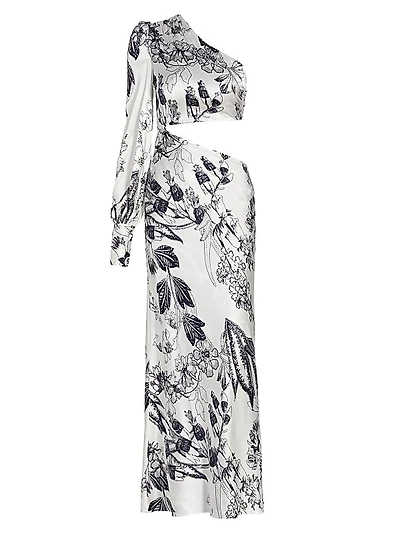 Matiz Asymmetric Floral Stretch Silk Cut-Out Dress