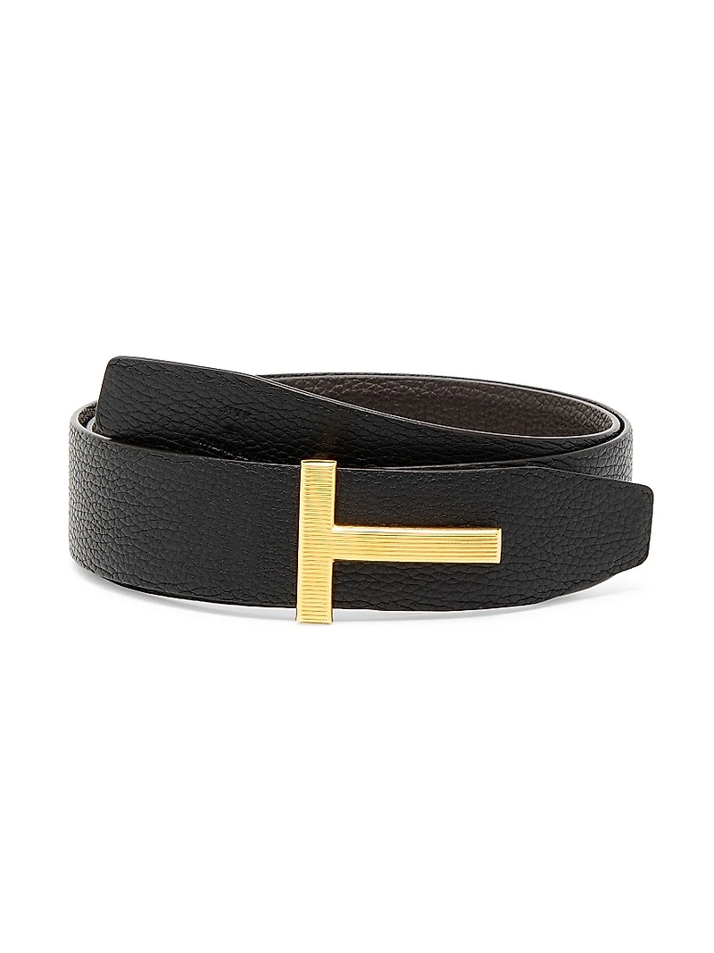 Ridged T Buckle Reversible Leather Belt