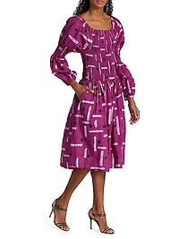 Shola Smocked Puff-Sleeve Midi-Dress