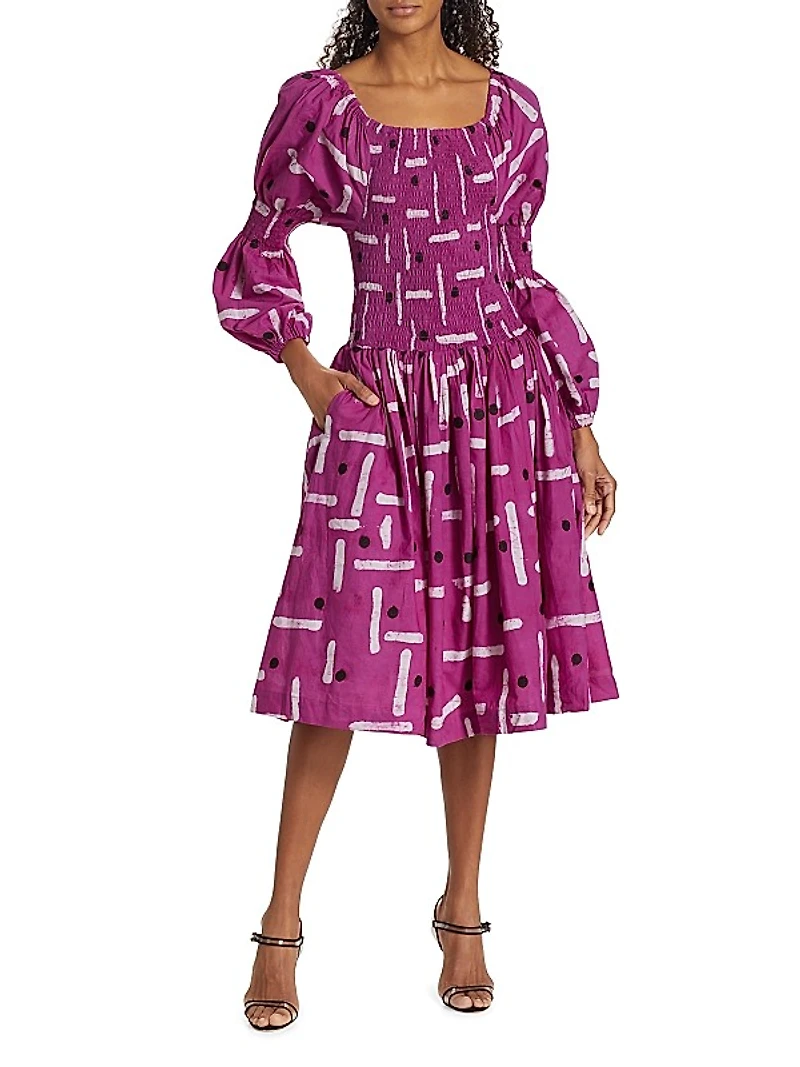 Shola Smocked Puff-Sleeve Midi-Dress