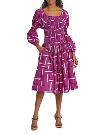 Shola Smocked Puff-Sleeve Midi-Dress