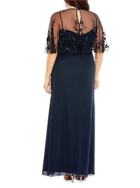 Plus Size Embellished Cape Sleeveless Gown