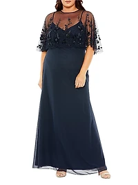 Plus Size Embellished Cape Sleeveless Gown
