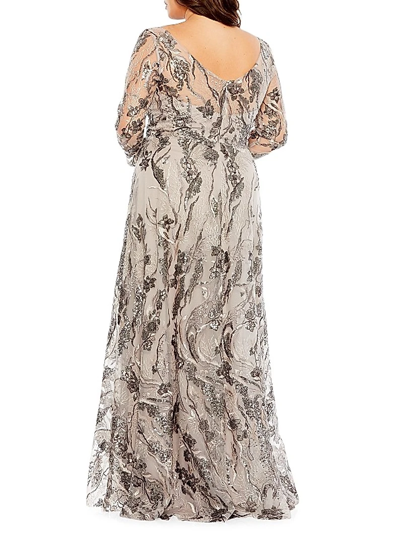 Plus Size Embroidered Long Sleeve A-Line Gown