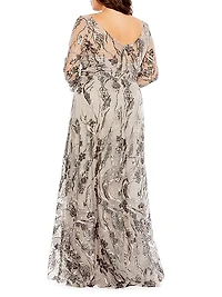 Plus Size Embroidered Long Sleeve A-Line Gown