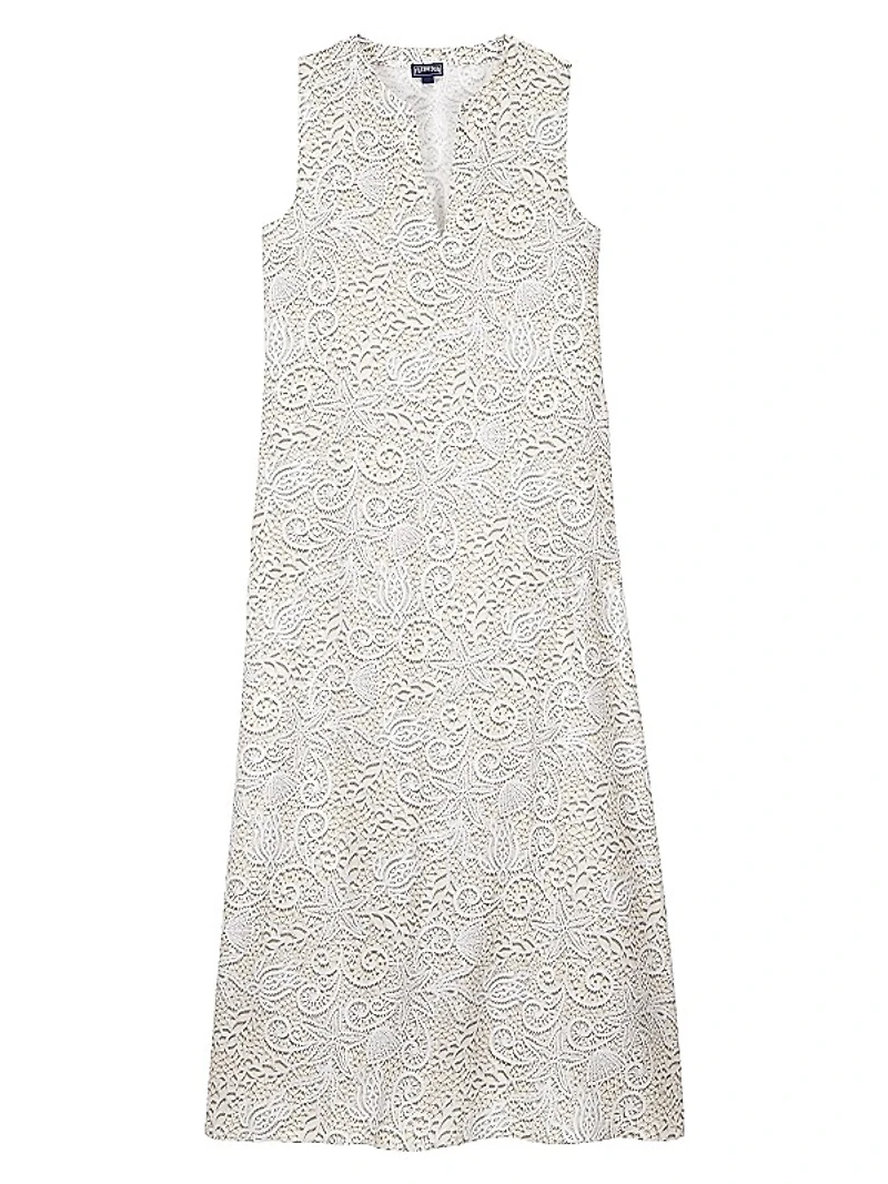 Split-Neck Lace-Print Maxi Dress